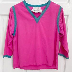 Vintage Miss D by Oscar De La Renta 100% Silk Pink Blue 3/4 sleeve Blouse Top 8